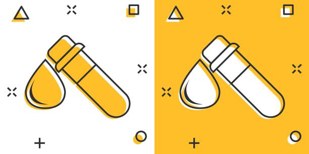 ikona krwi w probówce w komiksowym stylu. ilustracja wektorowa z kolby laboratoryjnej na izolowanym tle. płynny w zlewce efekt rozprysku znak koncepcji biznesowej. - laboratory blood laboratory equipment medical sample stock illustrations