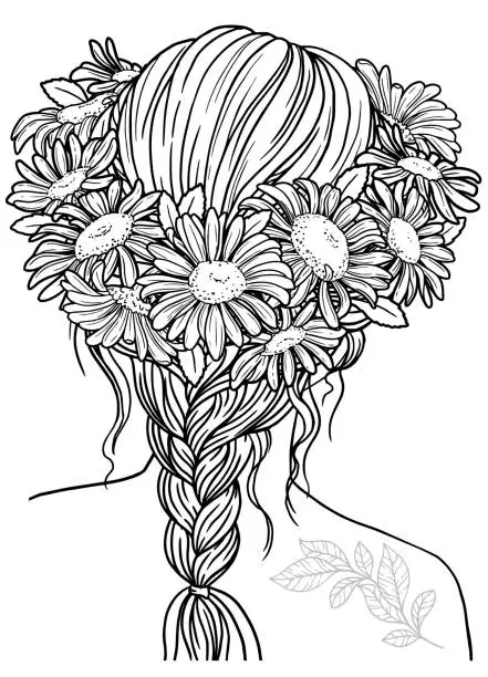 Vector illustration of Coloring book for adults. Girl with a hairstyle braided in the hair of chamomile flowers. Vector black contour image on a white background