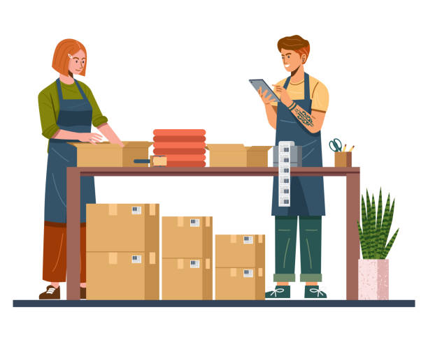 Online business owner packing product orders EPS 10 small business owner on computer stock illustrations