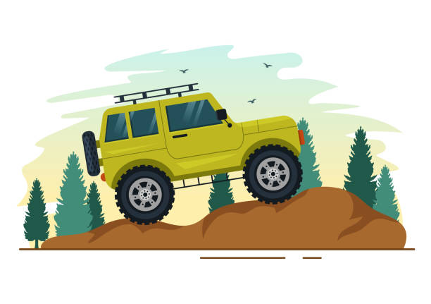 ilustracja terenowa z samochodem terenowym lub suv-em do przejazdu przez skalisty teren, rzeki i piasek w płaskich szablonach extreme sport cartoon hand drawn - off road vehicle quadbike 4x4 adventure stock illustrations