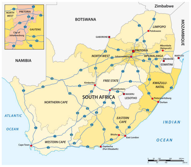 ilustrações, clipart, desenhos animados e ícones de mapa vetorial de estradas nacionais na áfrica do sul com etiquetas - map namibia vector travel locations