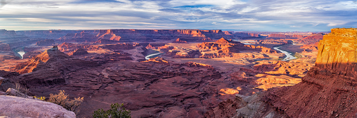 A panoramic view of an s-cirve in the Colorado River from Canyonlands Overlook in the Canyon Rims Recreation Area South of Moab, Utah.