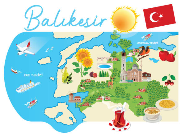 illustrazioni stock, clip art, cartoni animati e icone di tendenza di mappa dei cartoni animati di balıkesir - turkey mediterranean sea mediterranean countries vacations