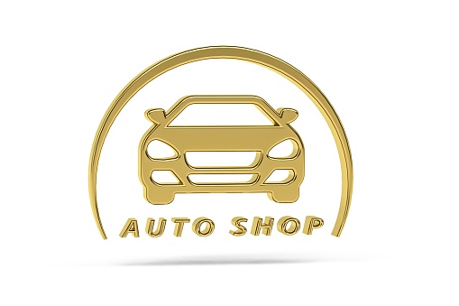 Golden 3d car shop icon isolated on white background - 3d render