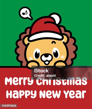 istock A cute lion wearing a Santa hat holds a sign and wishes you a Merry Christmas and a Happy New Year 1453913636