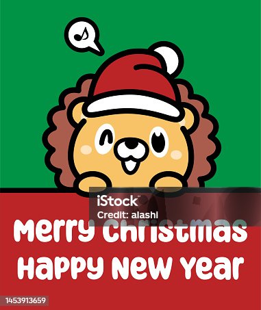 istock A cute lion wearing a Santa hat holds a sign and wishes you a Merry Christmas and a Happy New Year 1453913659