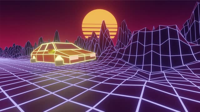 Looping Retro Vaporwave Style Flying Car on Grid Landscape and Sunset Background Front Side View 3D Animation Stock Video