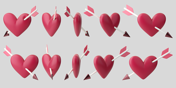 3d heart pierced with arrow animation icons set. Concept of Cupid love , Valentines day, Wedding invitation. 3d high quality isolated render
