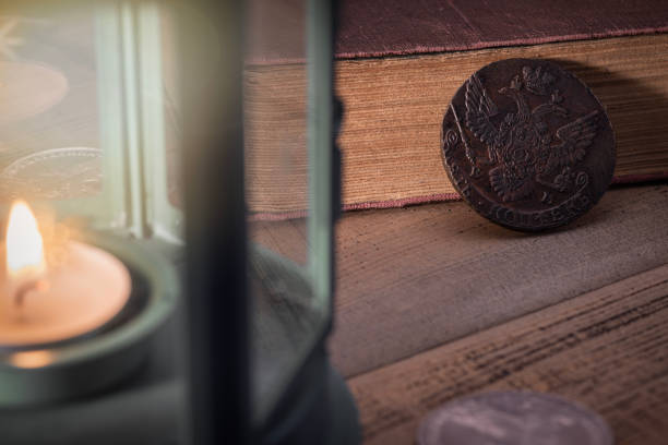 Numismatics. Old collectible coins on the table.