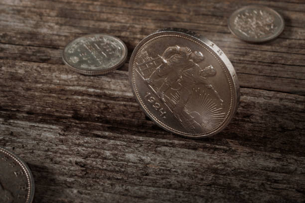Numismatics. Old collectible coins on the table.
