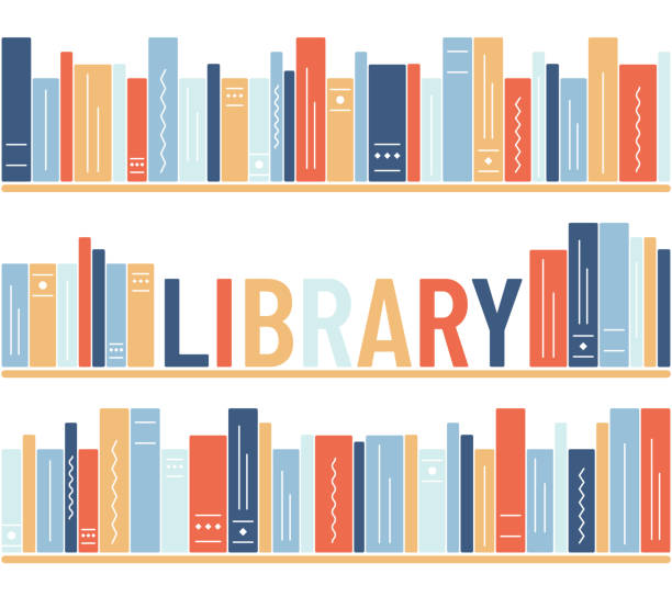 rak buku dengan kata perpustakaan dengan latar belakang putih. ilustrasi perpustakaan. sastra, membaca, pengetahuan, pendidikan - bookshelf ilustrasi stok