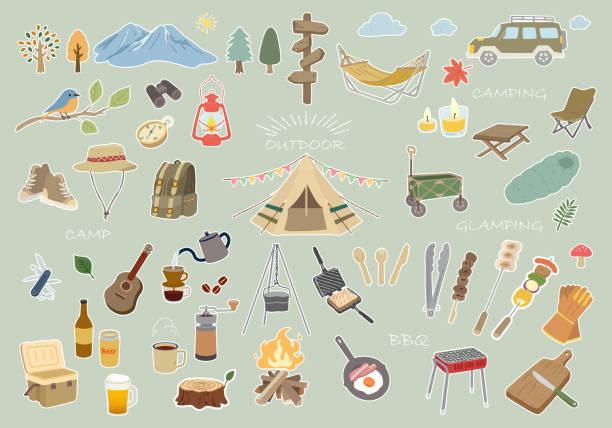Outdoor hand-drawn illustration set with white edge Outdoor hand-drawn illustration set with white edge watercolor lantern set stock illustrations