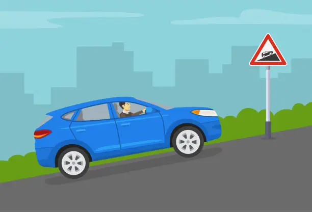 Vector illustration of Driving a car on a grades and hills. Blue suv goes up the hill by city  road. Steep ascent road or traffic warning sign.