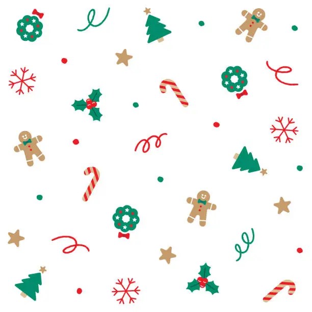 Vector illustration of Cute Merry Christmas Holly Star Snowflake Gingerbread Candy Cane Christmas Tree Confetti Element Ditsy Sprinkle Sparkle Dot Spring Line Abstract Red Green Seamless Pattern Background Christmas Party