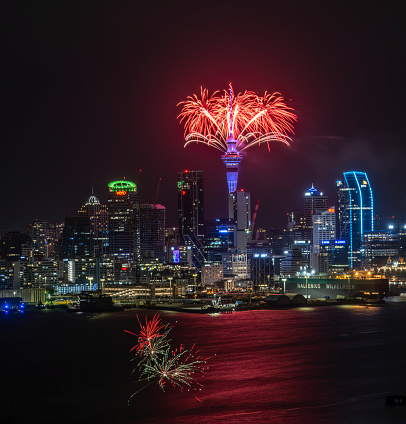 Auckland Skytower fireworks for New Year celebration. Vertical format.