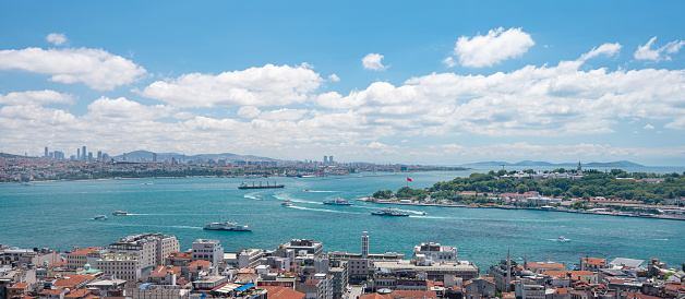 View from the roof of the Bosphorus Strait with ships and old town. Summer panoramic landscape in Istanbul, Turkey.