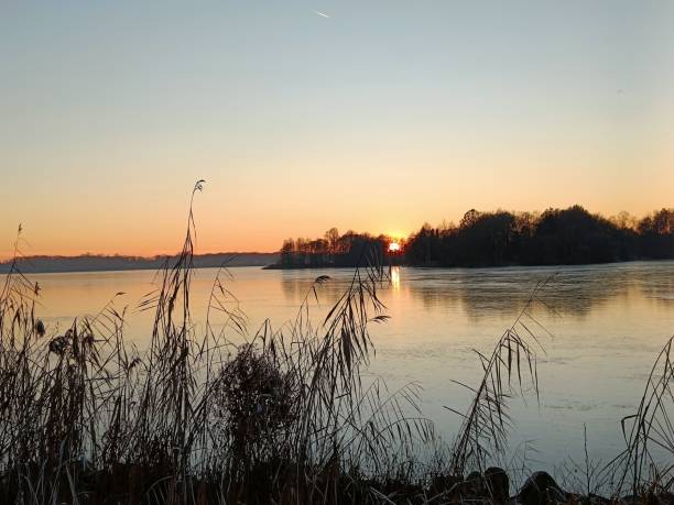 istock Field with a lake in the background during sunset 1453924808