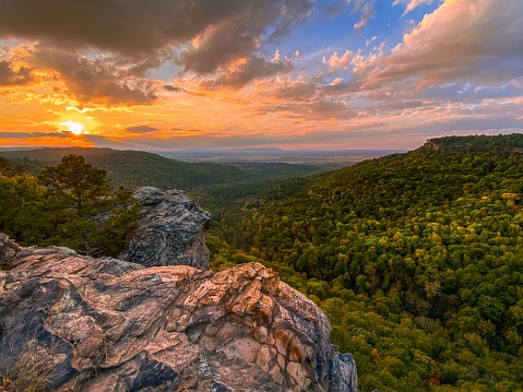 A scenic shot of Hawksbill Crag(Whitaker Point) in Newton County, Arkansas at pinky sunset