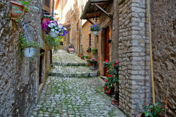 Beautiful narrow street in the historic town of Sermoneta, central Italy A beautiful narrow street in the historic town of Sermoneta, central Italy sermoneta stock pictures, royalty-free photos & images