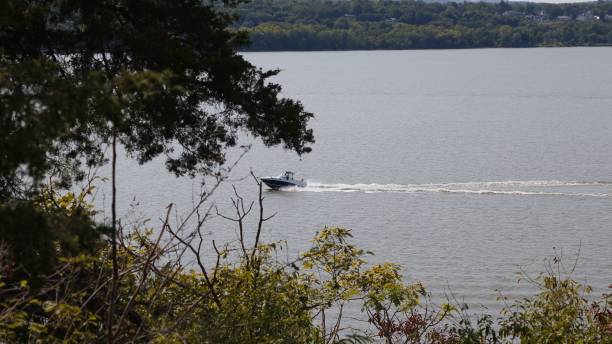 istock Ferry boat riding on a lake with beautiful forest background 1453927143