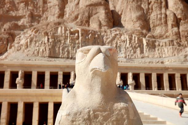 Closeup of a landmark in the Mortuary Temple of Hatshepsut in 	Deir el-Bahari, Egypt A closeup of a landmark in the Mortuary Temple of Hatshepsut in 	Deir el-Bahari, Egypt el bahari stock pictures, royalty-free photos & images