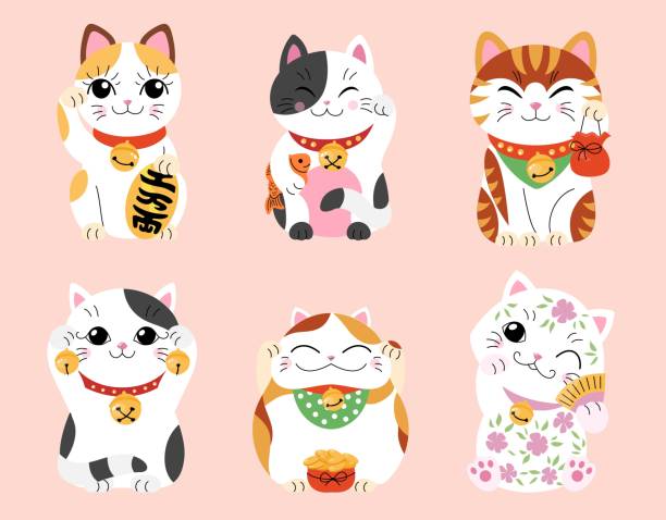Maneki neko set Maneki neko set. Collection of graphic elements for website. Asian traditional porcelain toys and decorations for apartment and home. Cartoon flat vector illustrations isolated on pink background kawaii cat stock illustrations