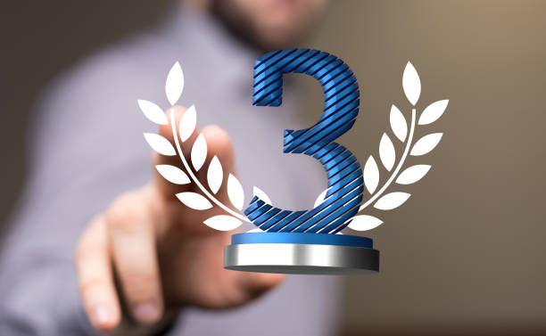 Person touching a 3D rendered trophy of a third place winner A person touching a 3D rendered trophy of a third place winner Third Place stock pictures, royalty-free photos & images