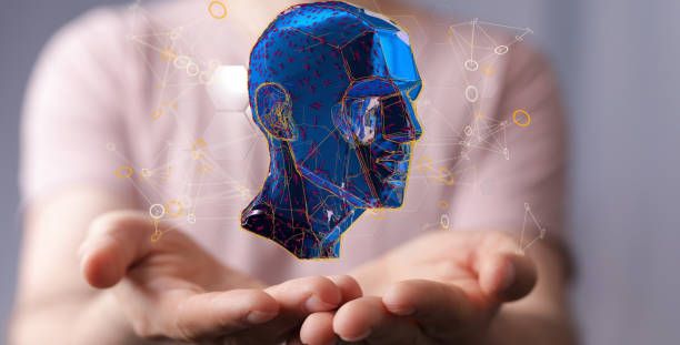 istock Person presenting a 3D render of the human brain - AI concept 1453929144