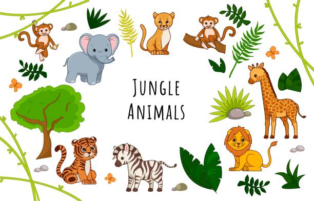 dschungel mit tieren - cartoon monkey animal tree stock-grafiken, -clipart, -cartoons und -symbole