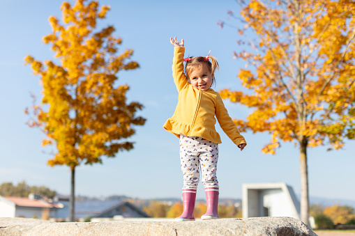 High-key image of 2-years old girl climbed up a big rock. Celebrating her little success on top of the rock. Two yellow trees and blue sky in the back