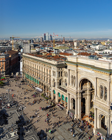 Milano, Italy – November 06, 2021: A closeup of Duomo square and Galleria Vittorio Emanuele viewed from the roof of Milan Cathedral