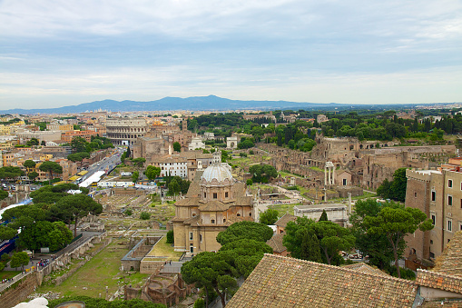 An aerial view of Rome with Roman Forum and Colosseum from Vittoriano