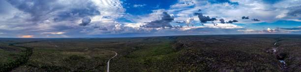 istock Panoramic view of a field with a blue cloudy sky in the background 1453933626