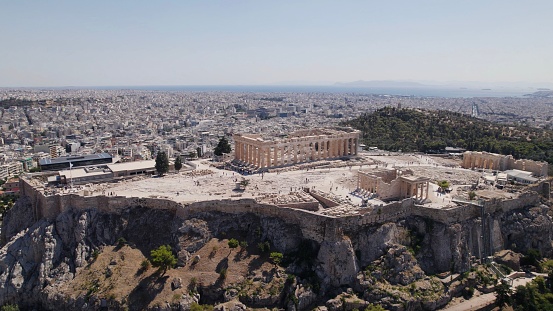 A drone shot of the Acropolis of Athens in Greece