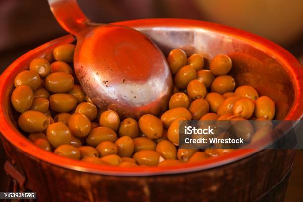 Closeup Of Green Olives On Sale At The French Market At Bicester Stock Photo - Download Image Now