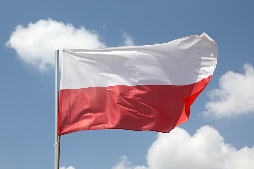 Poland flag is waving at a beautiful and peaceful sky in day time while sun is shining. 3D Rendering