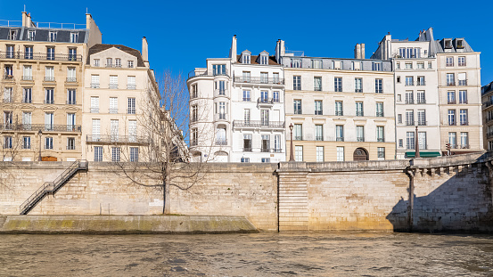 Paris, beautiful facades quai d Orleans, on the ile Saint-Louis, sunny day in winter