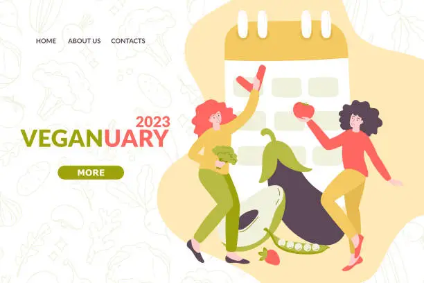 Vector illustration of Vector illustration on the theme - Veganuary 2023. The poster consists of vegetables, a calendar and vegan girls. Web page design template, online store, website development.