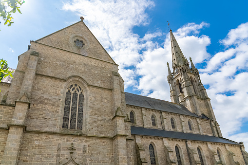 A low angle shot of the Saint-Alban church in Elven, Brittany
