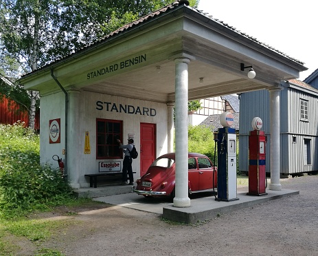 Oslo, Norway – July 19, 2017: Old petrol station at the Norwegian Museum of Cultural History (Norsk Folkemuseum) at Bygdoy
