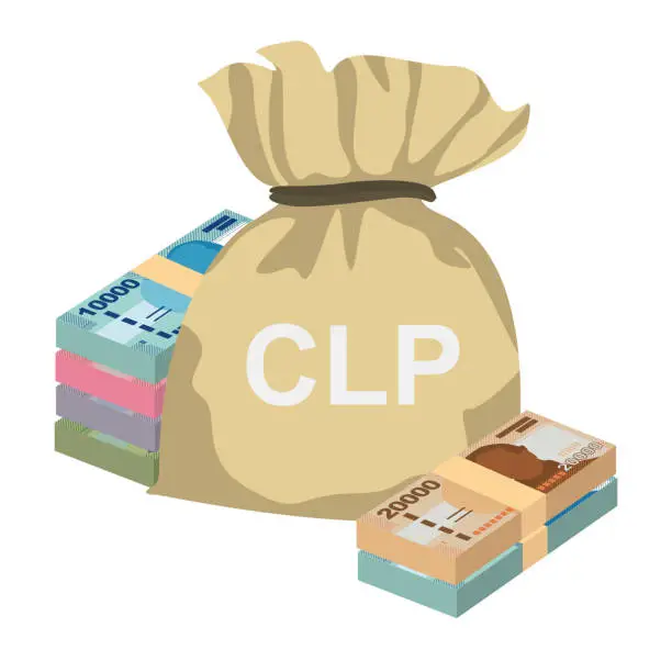 Vector illustration of Chilean Peso Vector Illustration. Chile money set bundle banknotes. Money bag 1000, 2000, 5000, 10000, 20000 CLP. Flat style. Isolated on white background. Simple minimal design