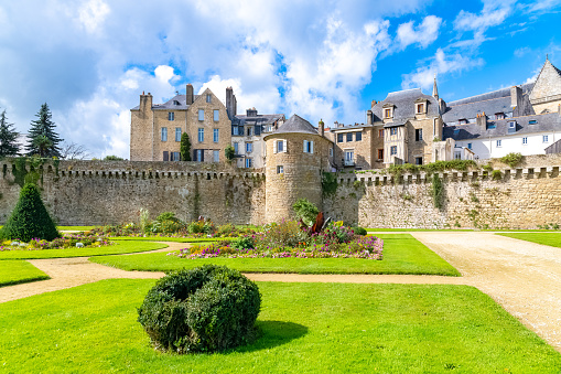 Vannes, medieval city in Brittany, view of the ramparts garden with flowerbed