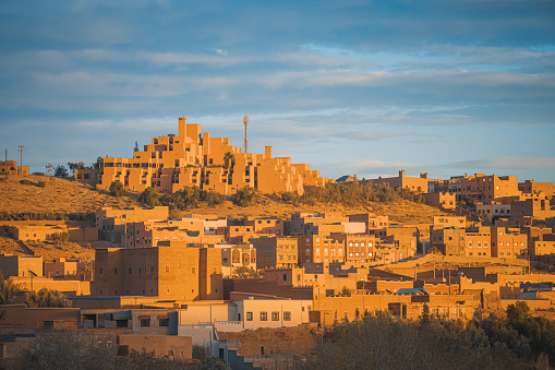 Kasbah town valley, Morocco in sunset