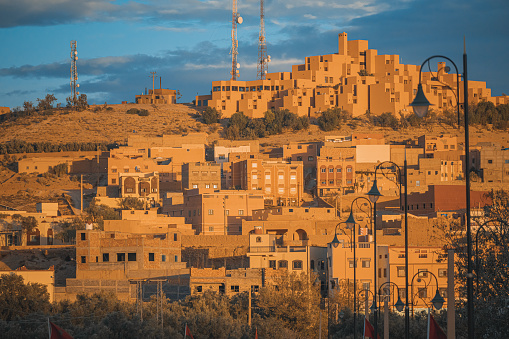 Kasbah town valley, Morocco in sunset
