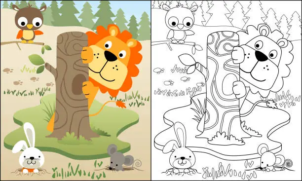 Vector illustration of vector illustration of funny animals cartoon playing hide and seek in forest, coloring book or page