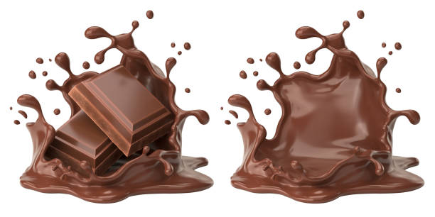 istock chocolate pieces falling on chocolate sauce with clipping path 3d illustration. 1453942378