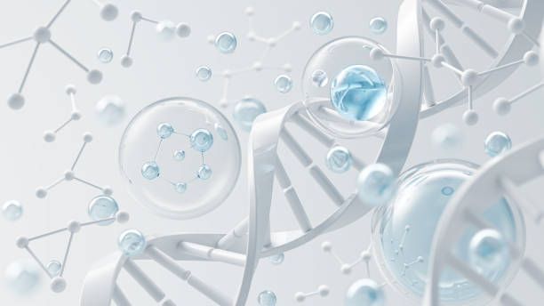 istock Cosmetic Essence, Liquid bubble, Molecule inside Liquid Bubble on DNA water splash background, 3d rendering 1453942405