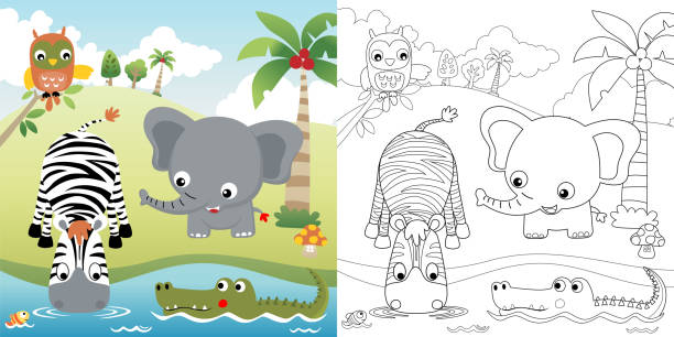 vektor-cartoon-illustration von lustigen tieren in der natur, malbuch oder seite - elephant water vector animals in the wild stock-grafiken, -clipart, -cartoons und -symbole