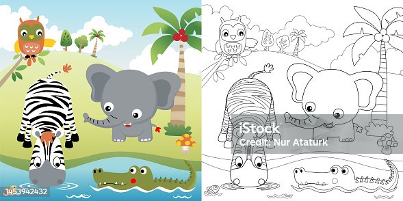 istock Vector cartoon illustration of funny animals in nature, coloring book or page 1453942432