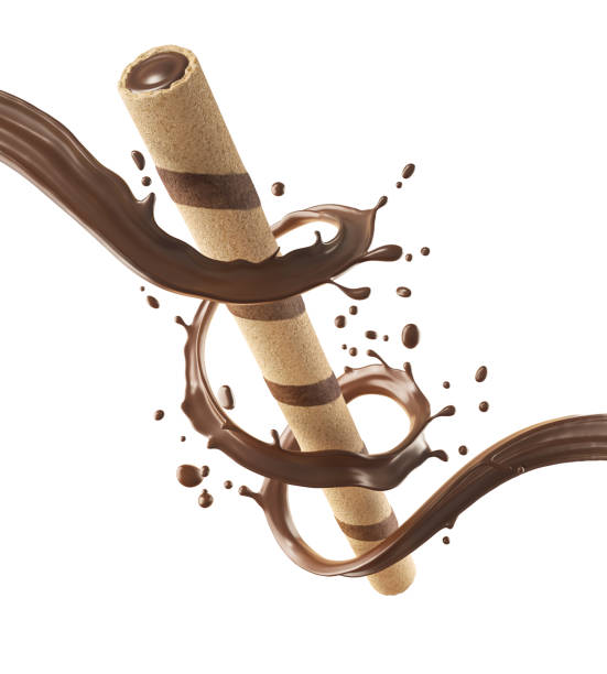 istock chocolate filled in a crispy wafer roll, Chocolate waffle sticks with chocolate splash 3d rendering. 1453942540